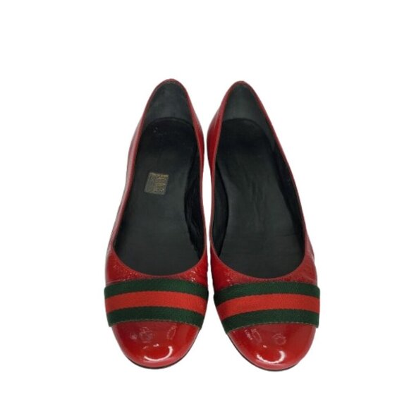 Gucci Web Stripe Red Patent Leather Ballet Flats - Picture 2 of 10